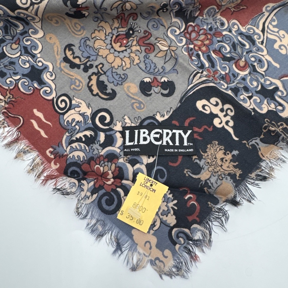 Vintage Liberty London Wool Shawl Scarf 52" Dragon Floral Made England Tagged